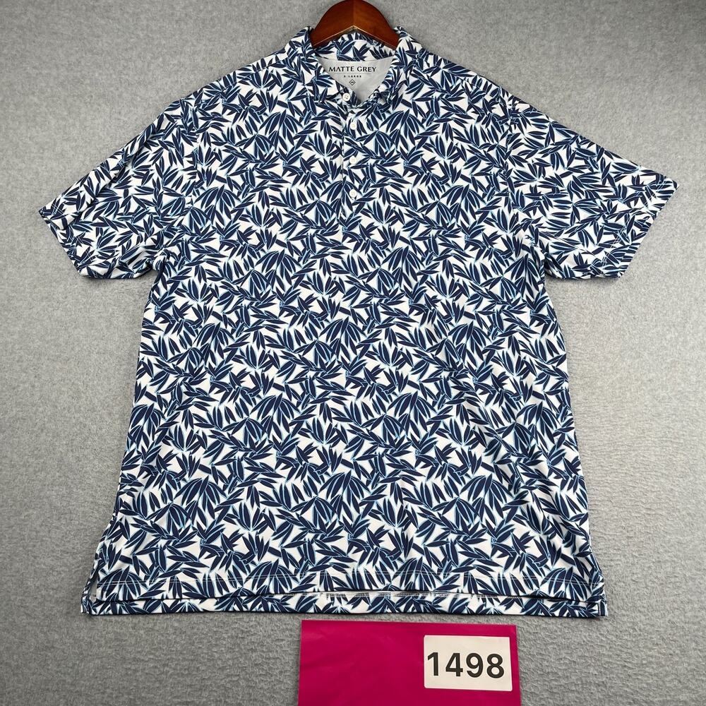 Matte Grey Tropical Hawaiian Print Performance Stretch Golf Polo Shirt Mens XL